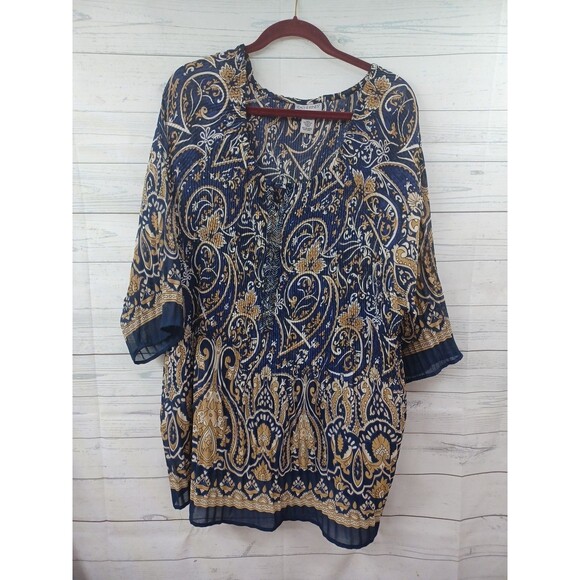 Catherines Blouse Pleated Crinkle 1/2 Sleeve Blue Gold Plus Sz 22/24W Beaded - Picture 1 of 7